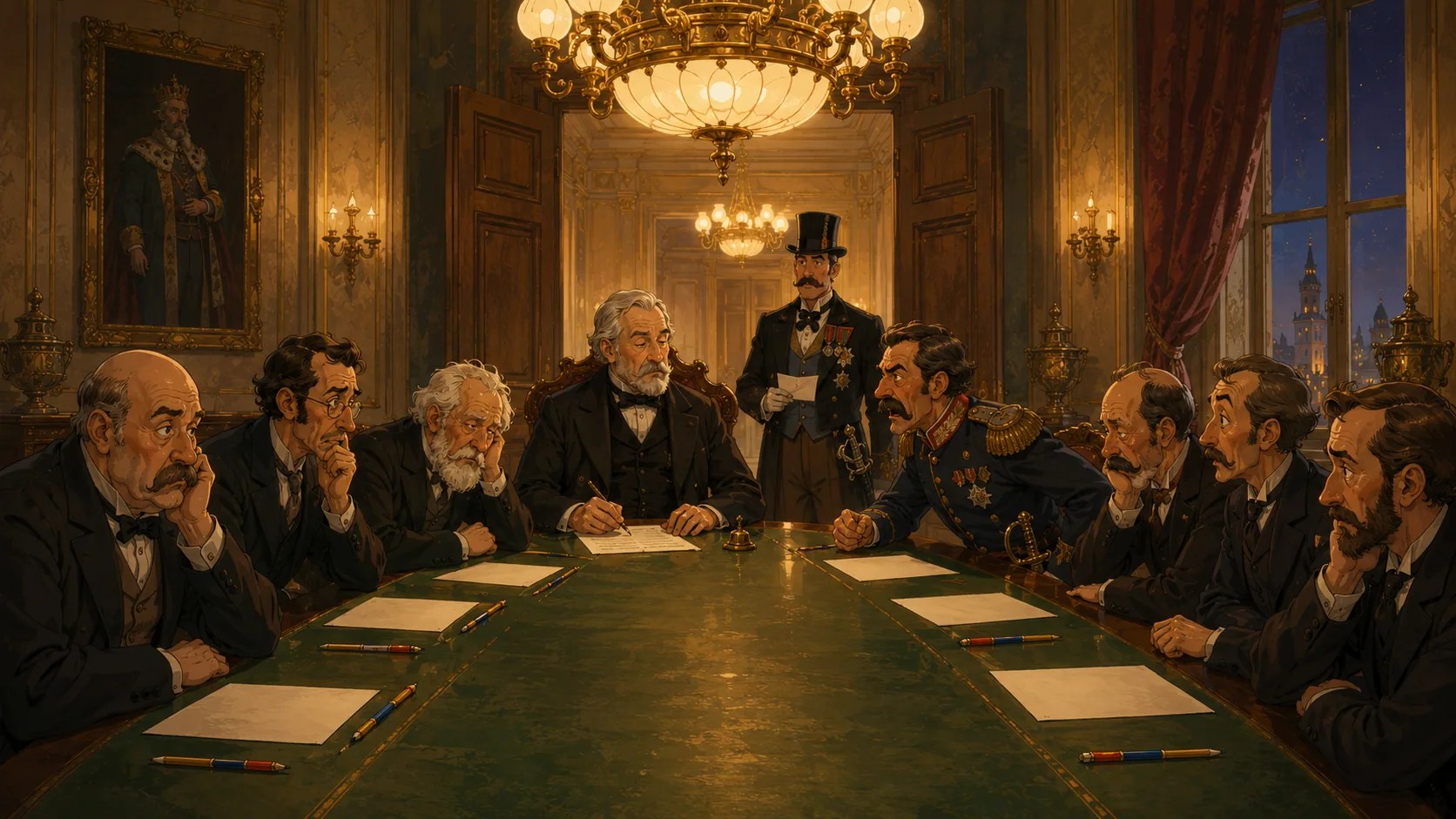 The ministers' council hall — locked doors, electric lamps